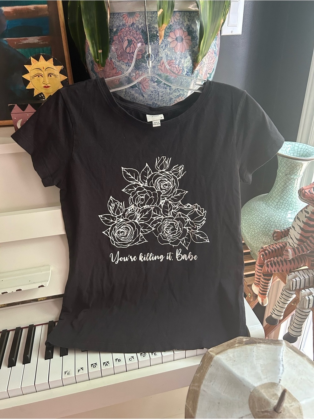 Jacqueline de Yong Rose Graphic T Shirt Black You’re Killing It Babe Size M Y2K